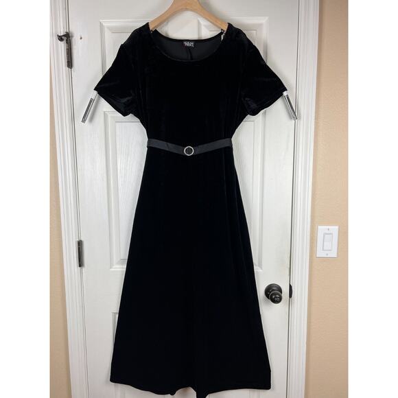 90s Black Short Sleeve Maxi Belted Velvet Dress Evening Gothic Size 12 - Picture 8 of 9